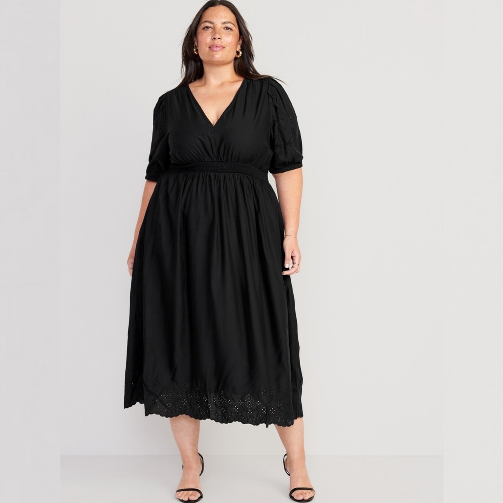 Old Navy Black Shirred Midi Dress Sz 2X Waist Defined 2023 Eyelet Summer Travel